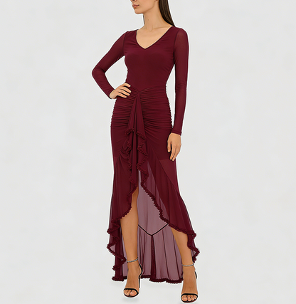 Robe longue femme col V à volants et jupe transparente