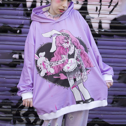 Sweat à Capuche Oversize Femme - Motif Lapin Cartoon Halloween