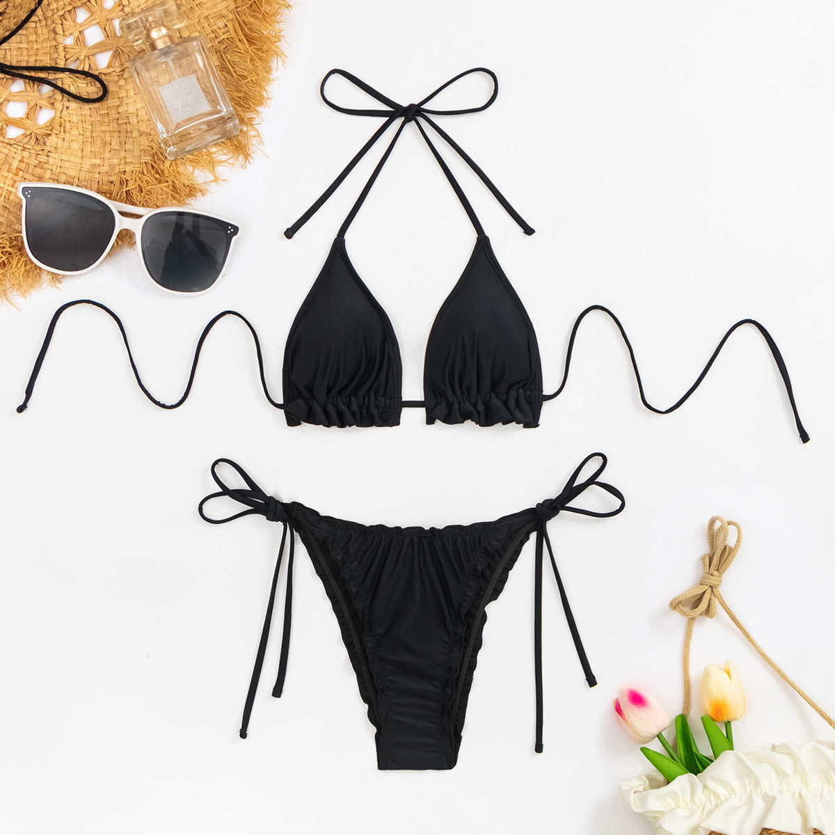 maillot de bain bikini sexy uni à lacets et dos nu fendu