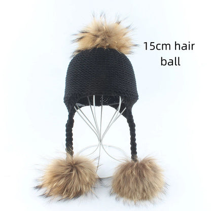 Children's real raccoon dog hair ball ear protection hat scarf hand Fried Dough Twists braid
