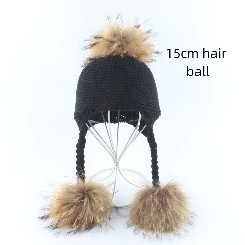 Children's real raccoon dog hair ball ear protection hat scarf hand Fried Dough Twists braid