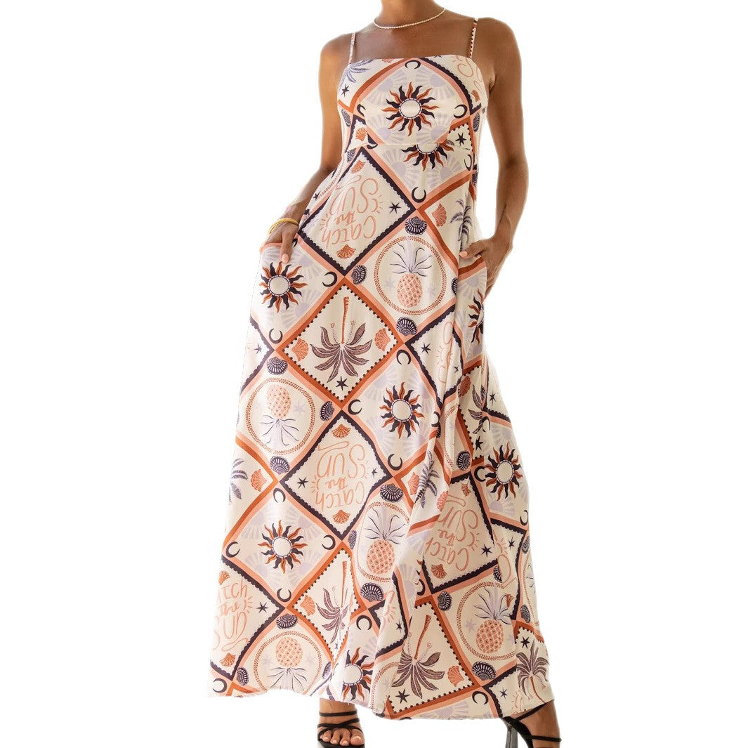 Robe Longue Bohème À Bretelles Imprimé Abstrait avec Poches – Marron