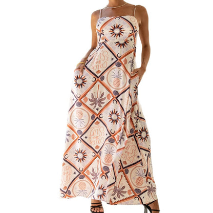 Robe Longue Bohème À Bretelles Imprimé Abstrait avec Poches – Marron