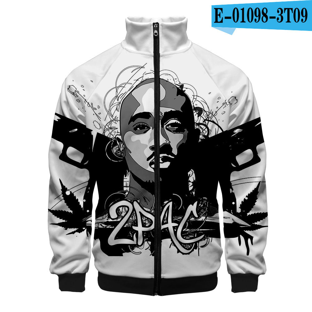 Sweat-shirt 2PAC Imprimé 3D – Col Montant Zippé à Capuche Style Hip-Hop