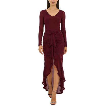 Robe longue femme col V à volants et jupe transparente