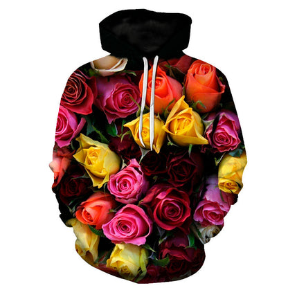 Sweat à Capuche Imprimé Roses – Style Européen & Américain, Coupe Oversize Unisexe