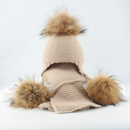 Children's real raccoon dog hair ball ear protection hat scarf hand Fried Dough Twists braid