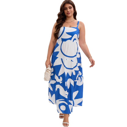 Robe Longue Grande Taille À Bretelles Imprimé Géométrique – Bleue