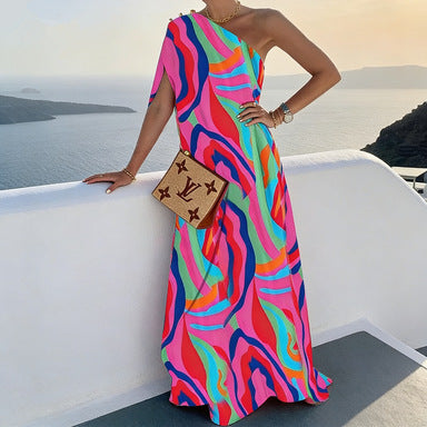Robe Longue Imprimée Épaules Dénudées – Coupe Ample, Style Européen, Rose