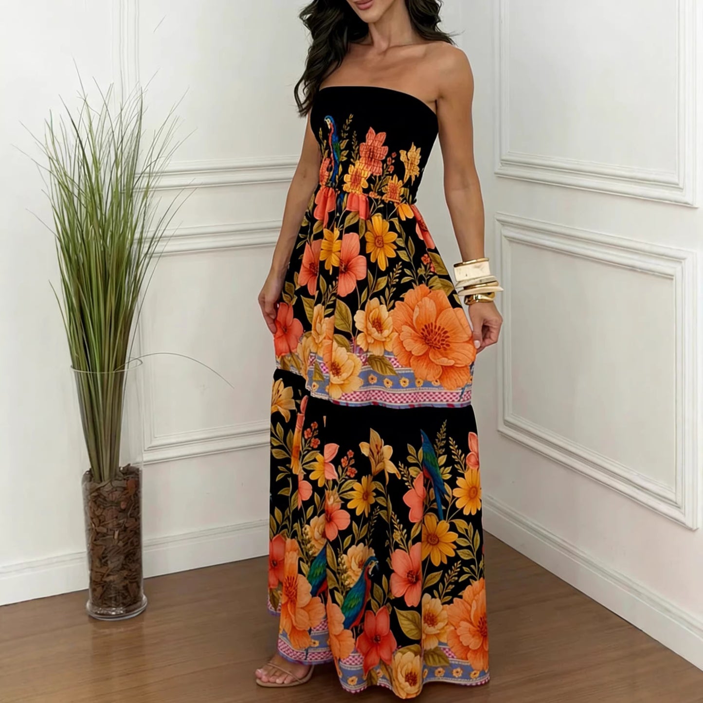 Robe Mi-Longue Sans Manches – Imprimé Floral, Coupe Ample, Style Européen