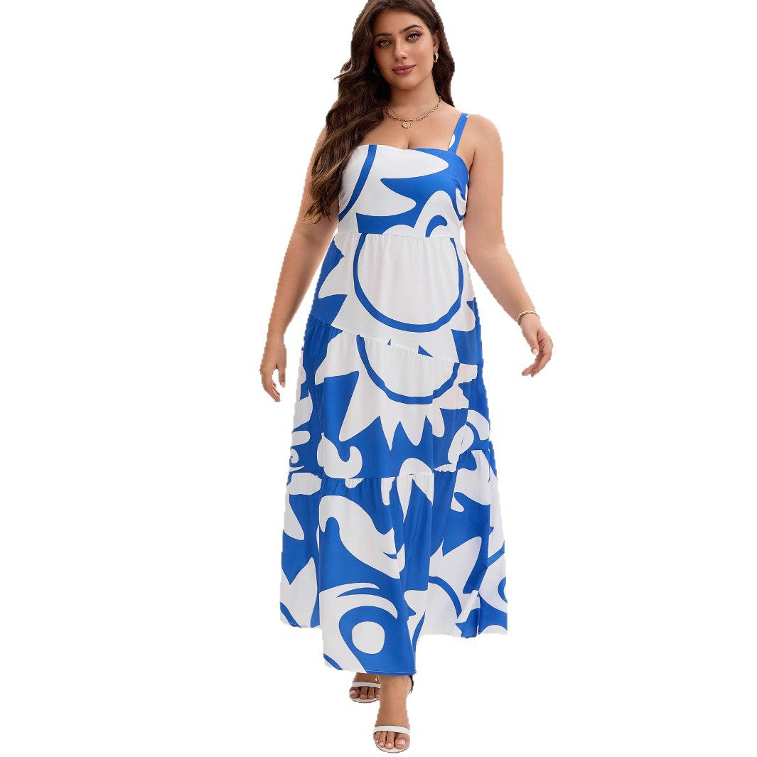 Robe Longue Grande Taille À Bretelles Imprimé Géométrique – Bleue