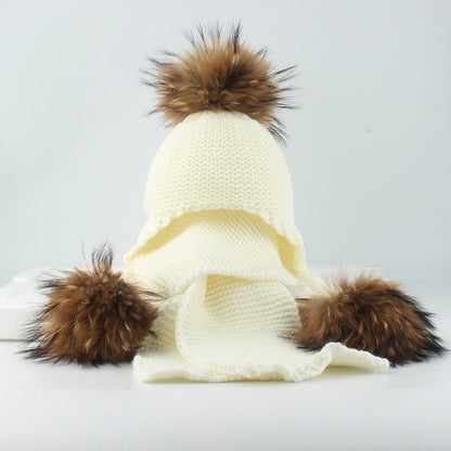 Children's real raccoon dog hair ball ear protection hat scarf hand Fried Dough Twists braid