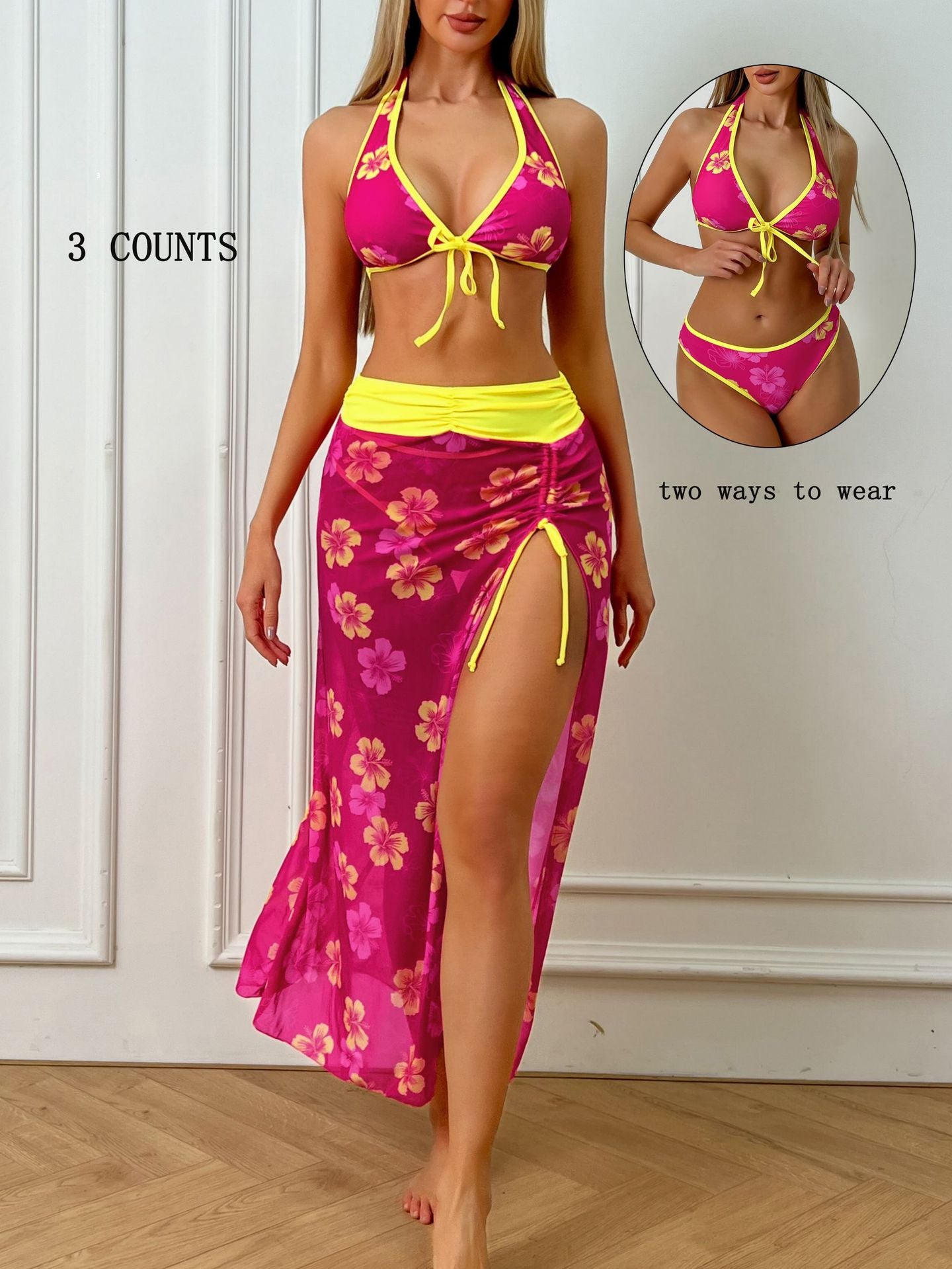 Ensemble bikini 3 pièces floral avec lien au cou, dos nu et jupe de plage