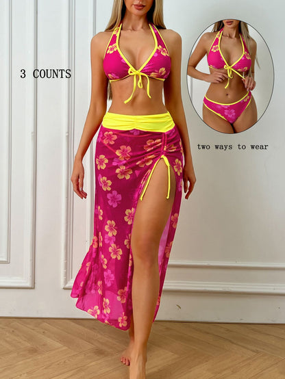 Ensemble bikini 3 pièces floral avec lien au cou, dos nu et jupe de plage