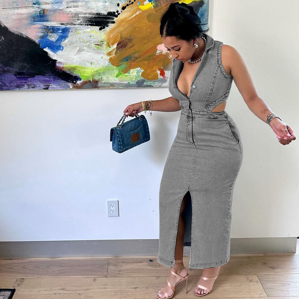 Robe Longue Femme Streetwear - Sans Manches, Effet 3D, Boutonnage Simple
