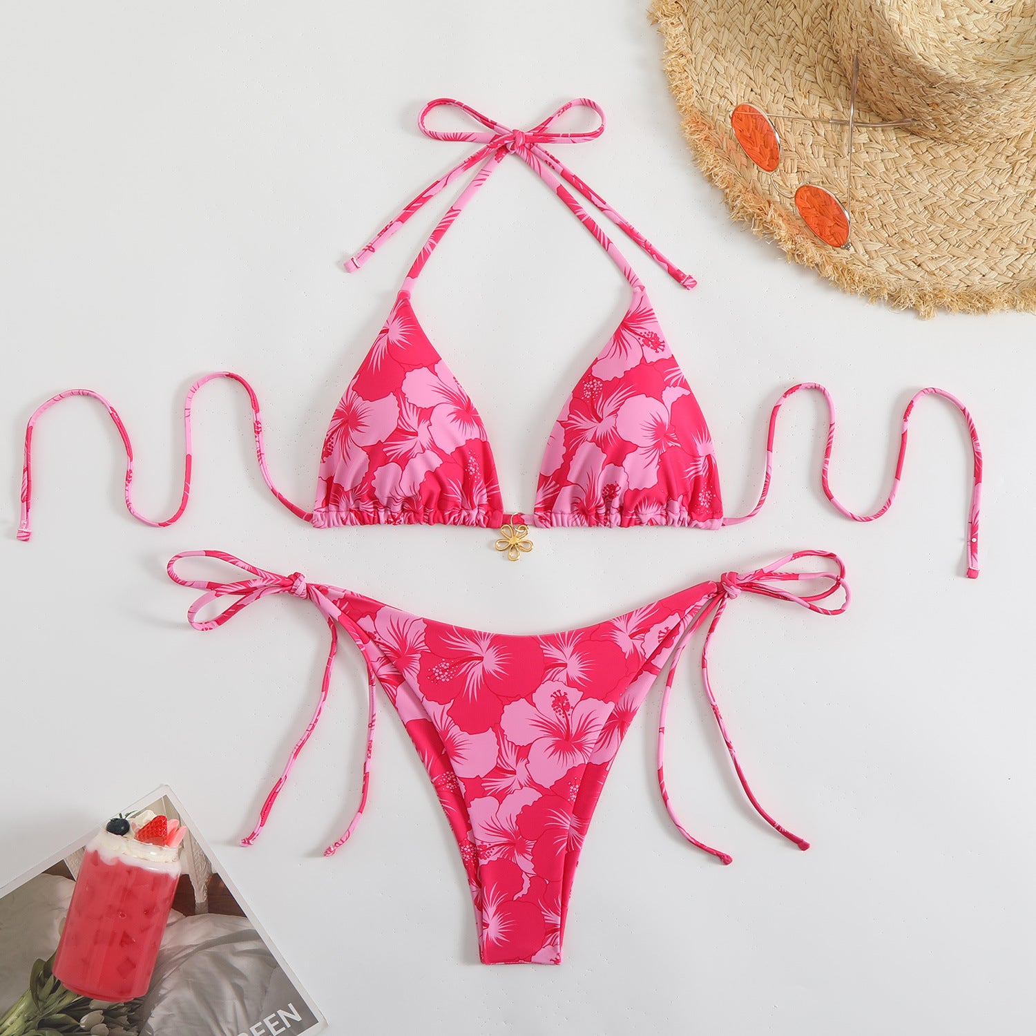 Bikini réversible sexy imprimé avec lien au cou - Maillot de bain femme
