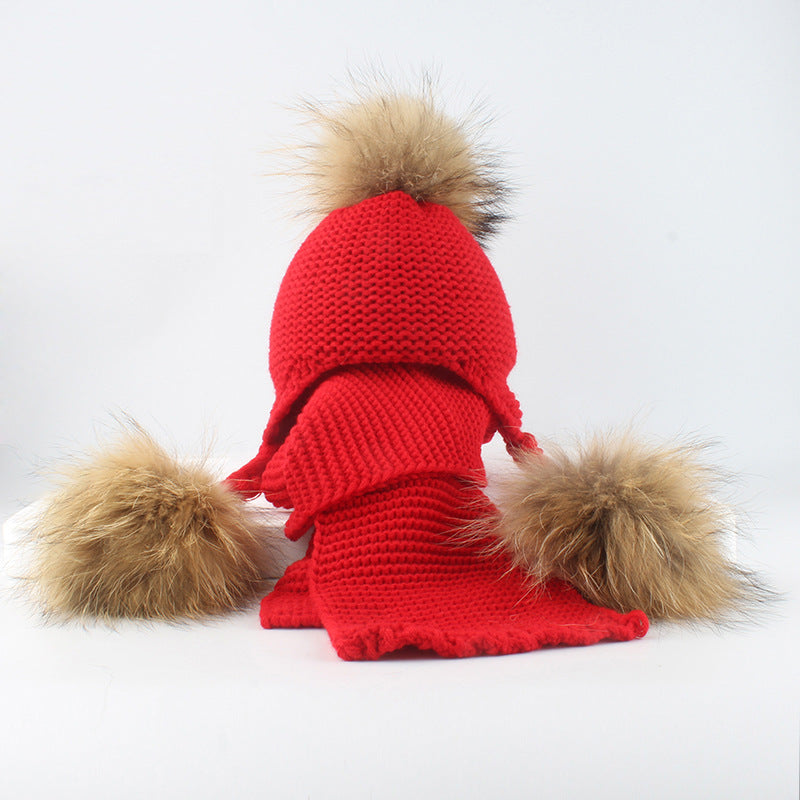 Children's real raccoon dog hair ball ear protection hat scarf hand Fried Dough Twists braid