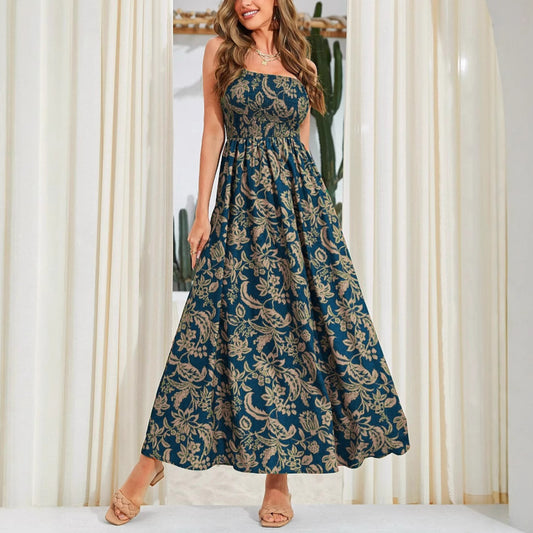 Robe Longue Florale Épaule Dénudée Sans Manches – Surjupe Élégante
